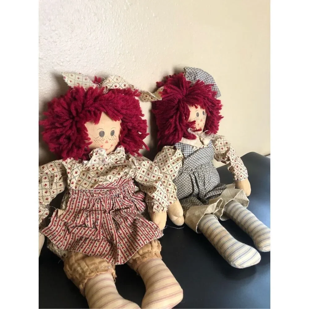 Vintage Darla’s Dolls Rag Doll Pair Handmade Red Yarn Hair 19in